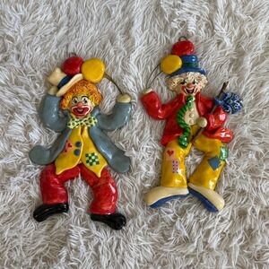 Set of 2 Vintage Paper-mache Clown Wall Hangings with Balloons Retro Decor